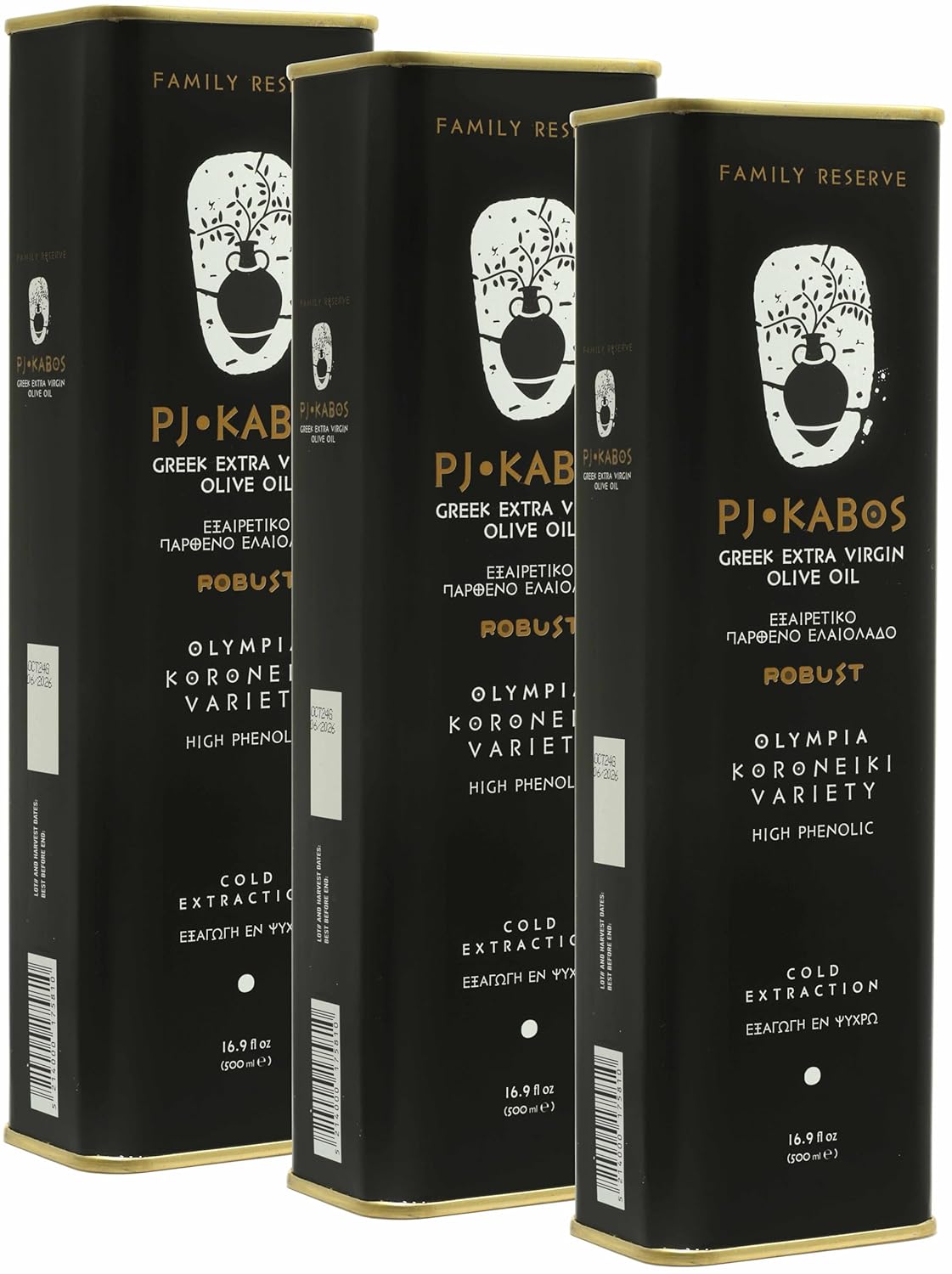 P.J. KABOS 2024/25 Harvest, Very High Phenolic (750+mg/kg), Natural Greek Extra Virgin Olive Oil, Kosher, Greece, Cold Extracted, 16.9 oz Tin, "Family Reserve - Robust" (3-PACK)