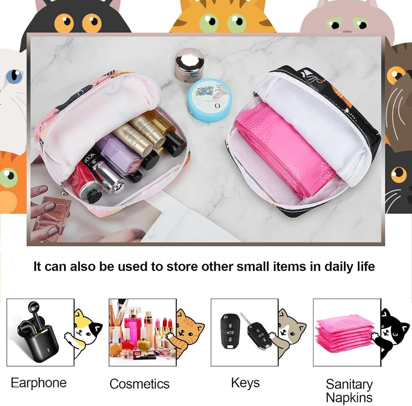 Period Bag Pouch, Canvas Sanitary Napkin Storage Bag for Girls Womens, Portable Sanitary Napkin Period Pad Pouch for Purse, Small Make Up Bags(Cat, Pink)