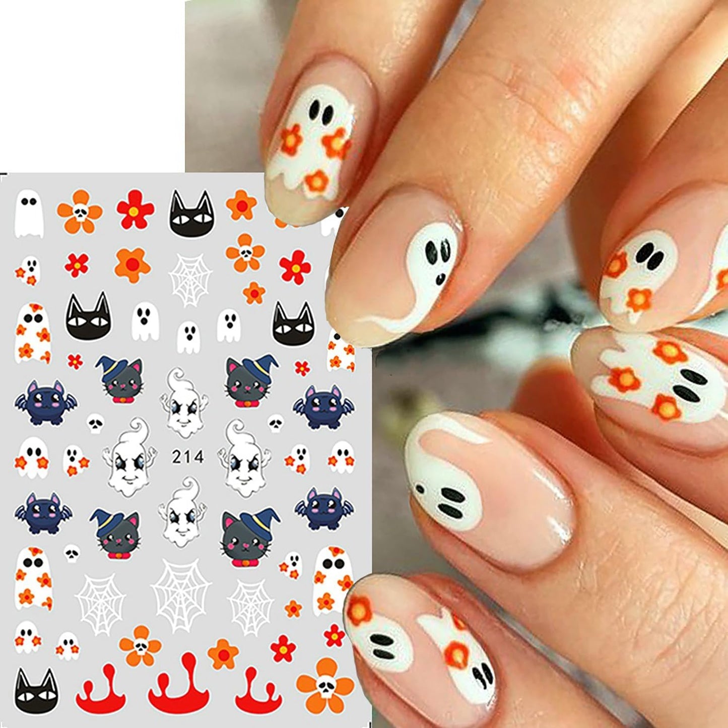 Halloween Nail Art Stickers 8 Sheets Cute Little Ghost Skull Pumpkin Floral Nail Art Self-Adhesive DIY Nail Decal Stickers Nail Fall Decoration Thanksgiving Nail Supplies for Women Girls Kids