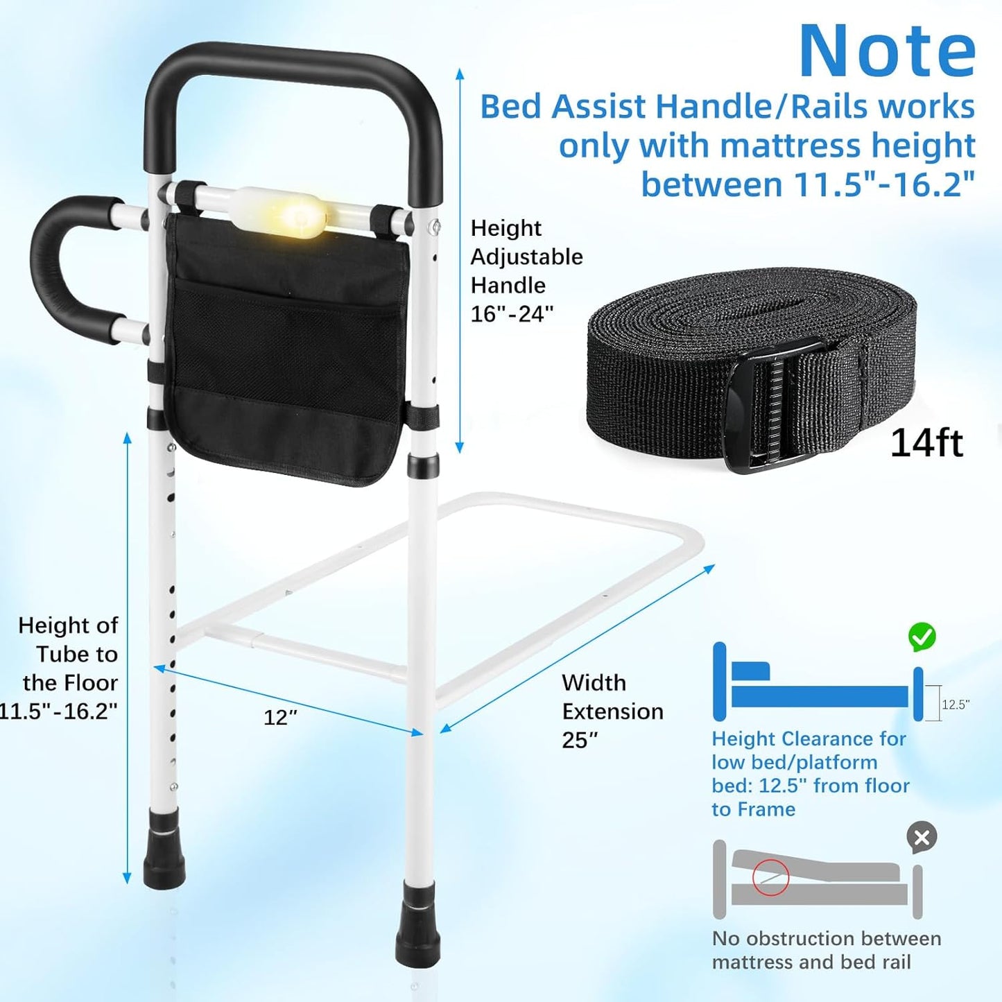 Bed Rails for Elderly Adults Safety; Adjustable Bed Rail with LED Motion Sensor Light, Bed Handle Bedside Assist for Grab Barwith Storage Pouch, Bed Side Rails-Fits Twin Full Queen King Grey