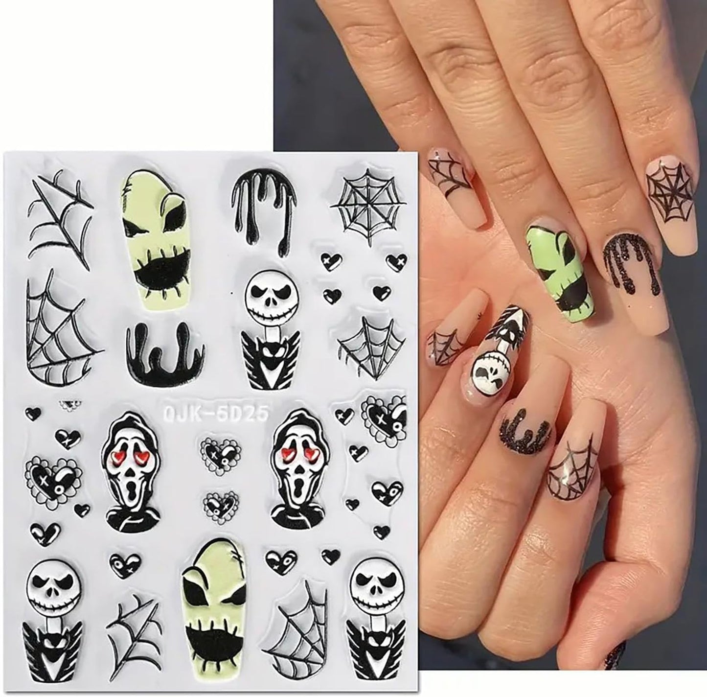 6 Sheets Halloween Nail Art Stickers Decals Pink Skull Spider Web Sugar Skull Nail Decoration 3D Self-Adhesive Nightmare Christmas Stickers for Women Girls