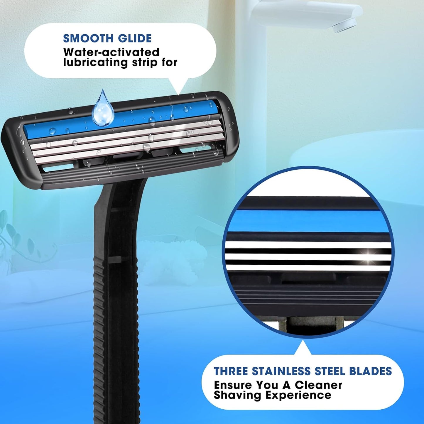 CXYARY 150 Pcs 3 Blade Disposable Razors With Clear Safety Cap, Shaving Razors Bulk for Men &Women, Stainless Steel Blade, Multipurpose Portable Shave Razor for Bathing Hotel Travel, Black