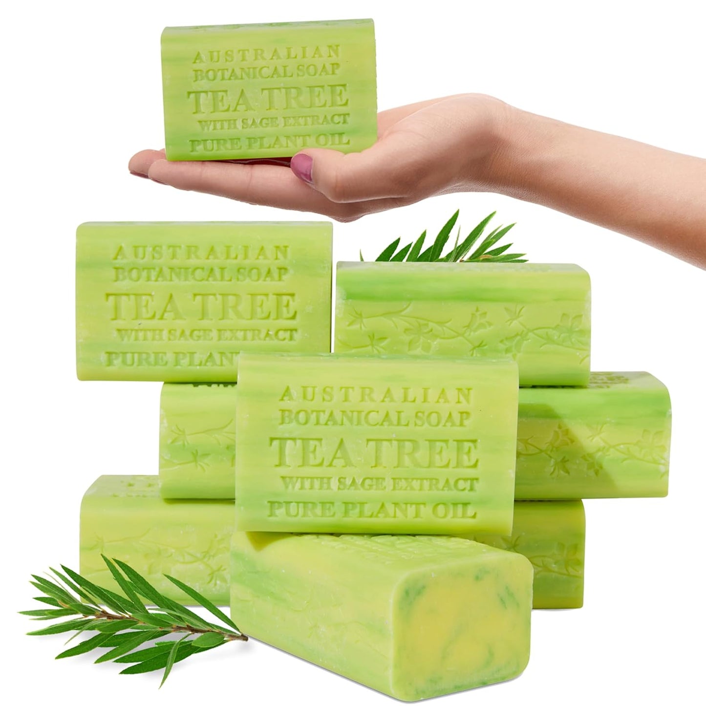Australian Botanical Soap, 6.6 OZ, Tea Tree with Sage Extract, Triple Milled Bars made with a Natural Soap Base and Enriched with Organic Shea Butter, Pack of 8