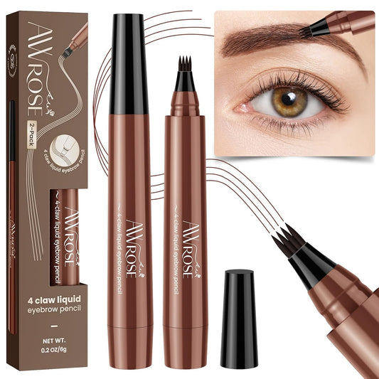 AWROSE Eyebrow Pencil, 2 Pack 3D Waterproof Microblading Eyebrow Pen 4 Fork Tip Tattoo Pencil, Precise Natural Magic Eye Brow Pen with Hair Like Strokes, 4 Points Multi-Used Eye Brow Pencils for Women