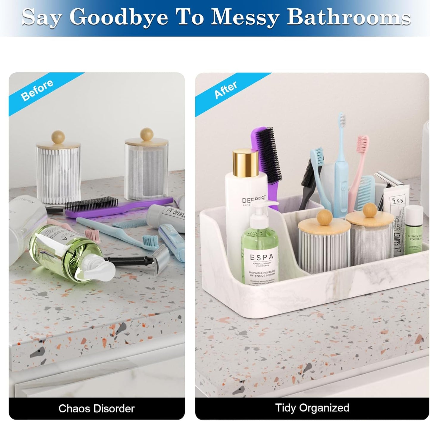 Marble Bathroom Countertop Organizer - Silicone Bathroom Vanity Countertop Organizer - Tooth Brush Organizer With 2PCS Qtip Holder Dispenser - Toothpaste Holder Drainage - Bathroom Essentials