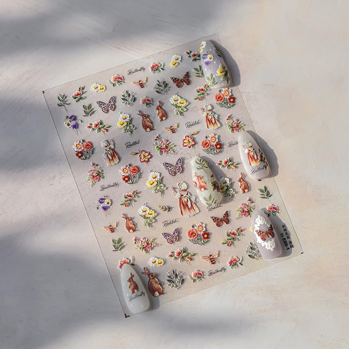 5D Embossed Flower Nail Stickers Decals Pastoral Style Nail Art Cute Bee Rabbit Butterfly Stickers for Nails Designs Self Adhesive Nail Art Supplies & Decorations for Women Girls 1 Sheet