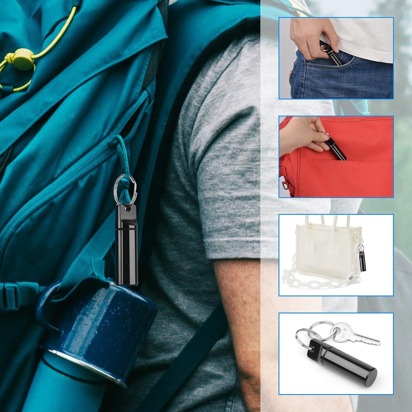 Small Portable Pill Box Keychain (3 Pack), Aluminium Alloy Mini Pill Organizer Case Container for Purse,Waterproof Metal Pill Holder Medicine Bottle for Outdoor Camping Travel(Black+Silver+Red)