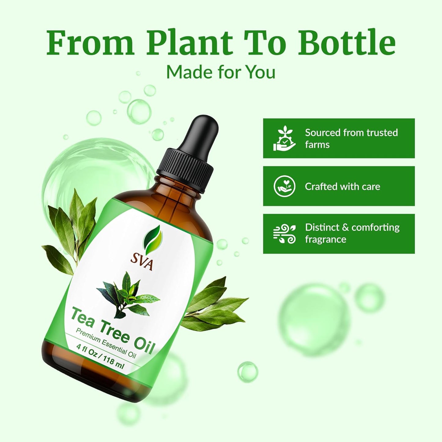 SVA Tea Tree Essential Oil – 4 Fl Oz – 100% Natural Tea Tree Oil - for Diffuser, Hair Care, Face, Skin Care, Aromatherapy, Scalp and Body Massage, Soap and Candle Making – with Dropper