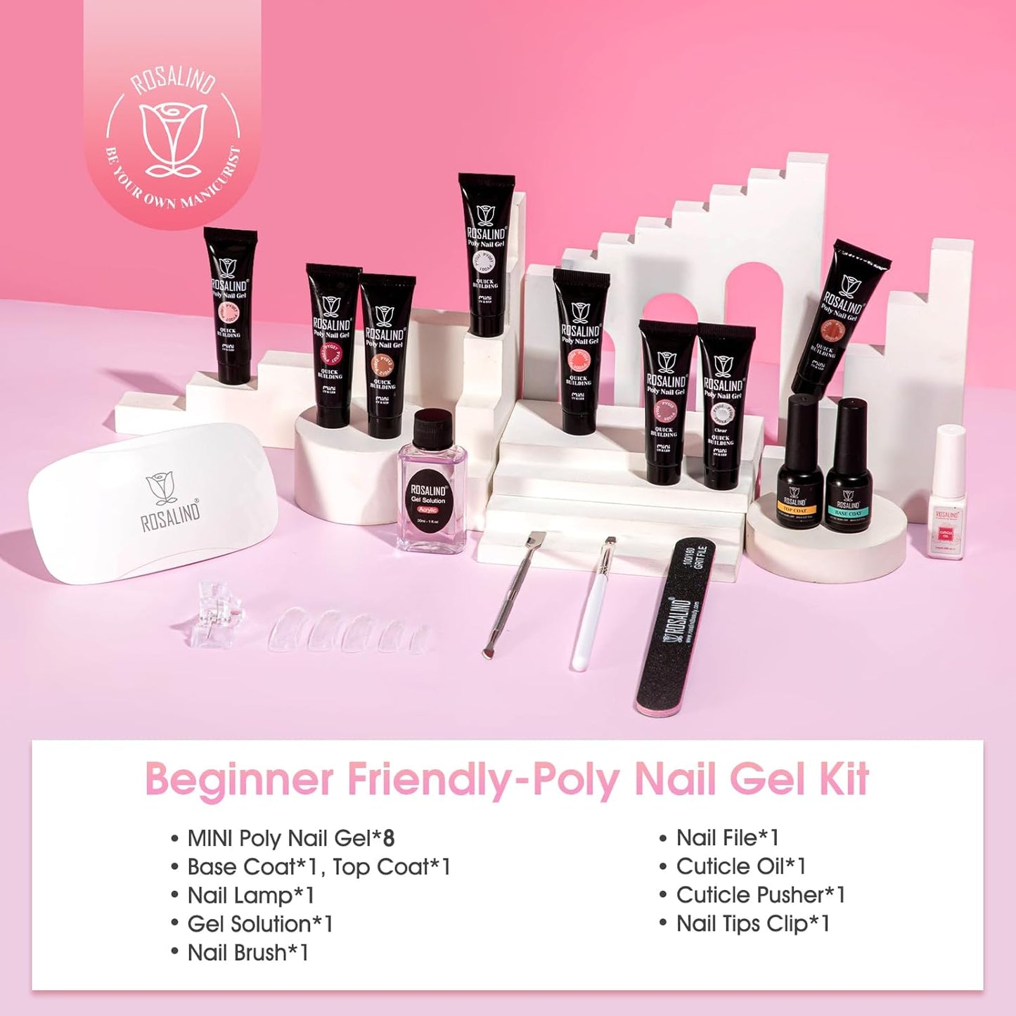 ROSALIND Poly Nail Gel Kit -8 Colors + White Brown Accessories Clear Nude Poly Nails Gel Starter Kit With Slip Solution Nude Pink Extensions Set with Mini UV Lamp