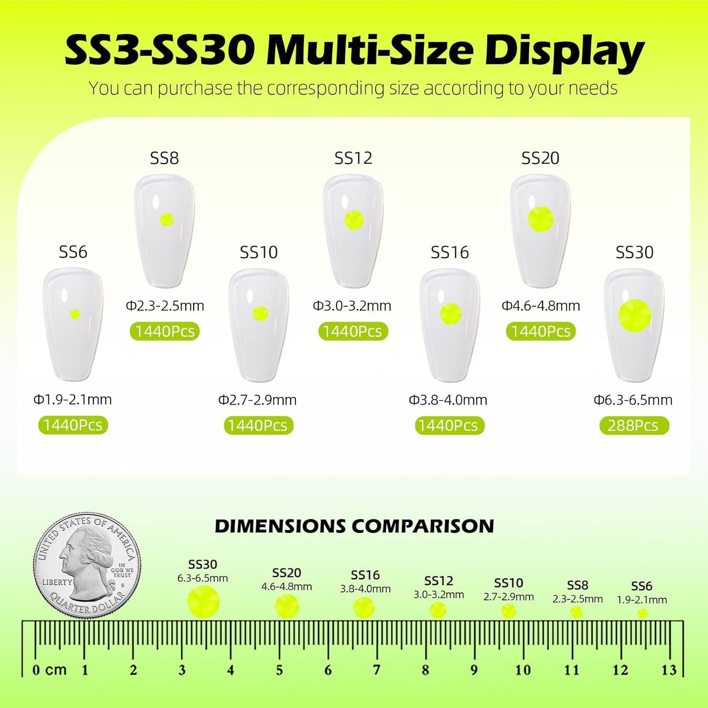 Neon Yellow Flatback Rhinestones, Glass Rhinestones for Nail Art and Craft, Glue Fix, Loose Crystal Gemstones(Neon Yellow, SS12, 1440pcs, 2.9-3.0mm)