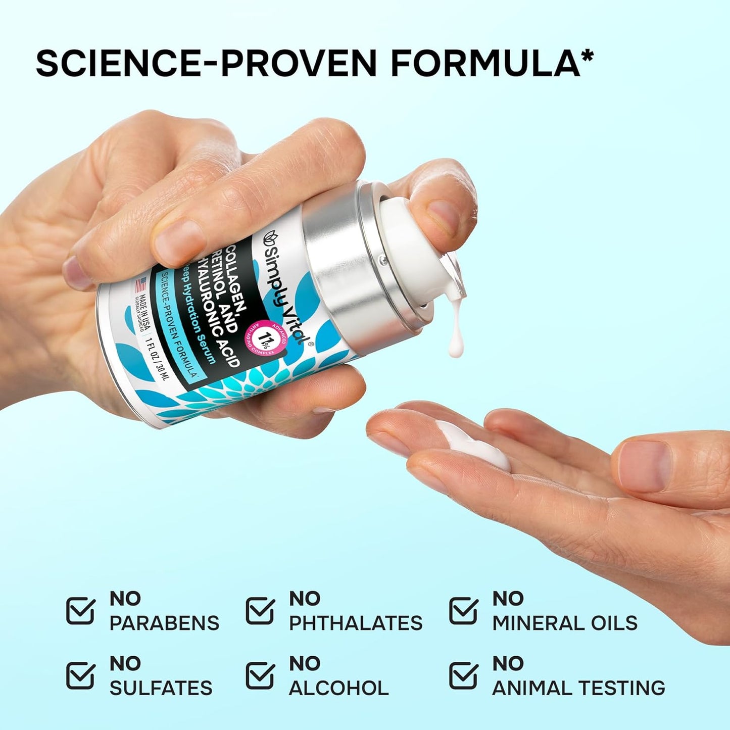 SimplyVital Collagen, Peptide & Retinol Moisturizer for Face, Neck & Décolleté – Lightweight Hydration for Daily Care – Made in USA – Hyaluronic Acid Cream – 1 fl.oz