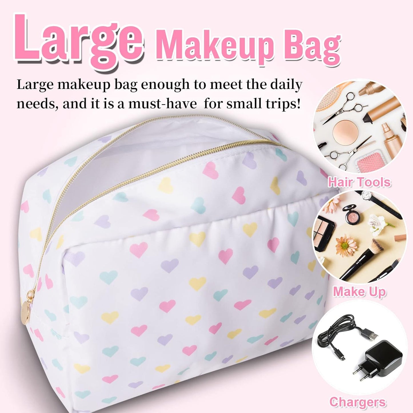 Nylon Large Makeup Bag Travel Cosmetic Bag Pouch, Big Preppy Makeup Bag Cute Cosmetic Zipper Pouch Purse, Waterproof Toiletry Bag Clutch Makeup Organizer Travel Essentials for Women Girl(White-Heart)