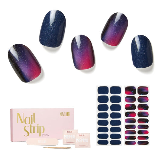 NAILOG Semi Cured Gel Strips - 34 Pcs Nail Stickers Buy 2 Get 1 UV Light | Long Lasting Wraps With Glossy Gel Finish Purple, Neon Nocturne