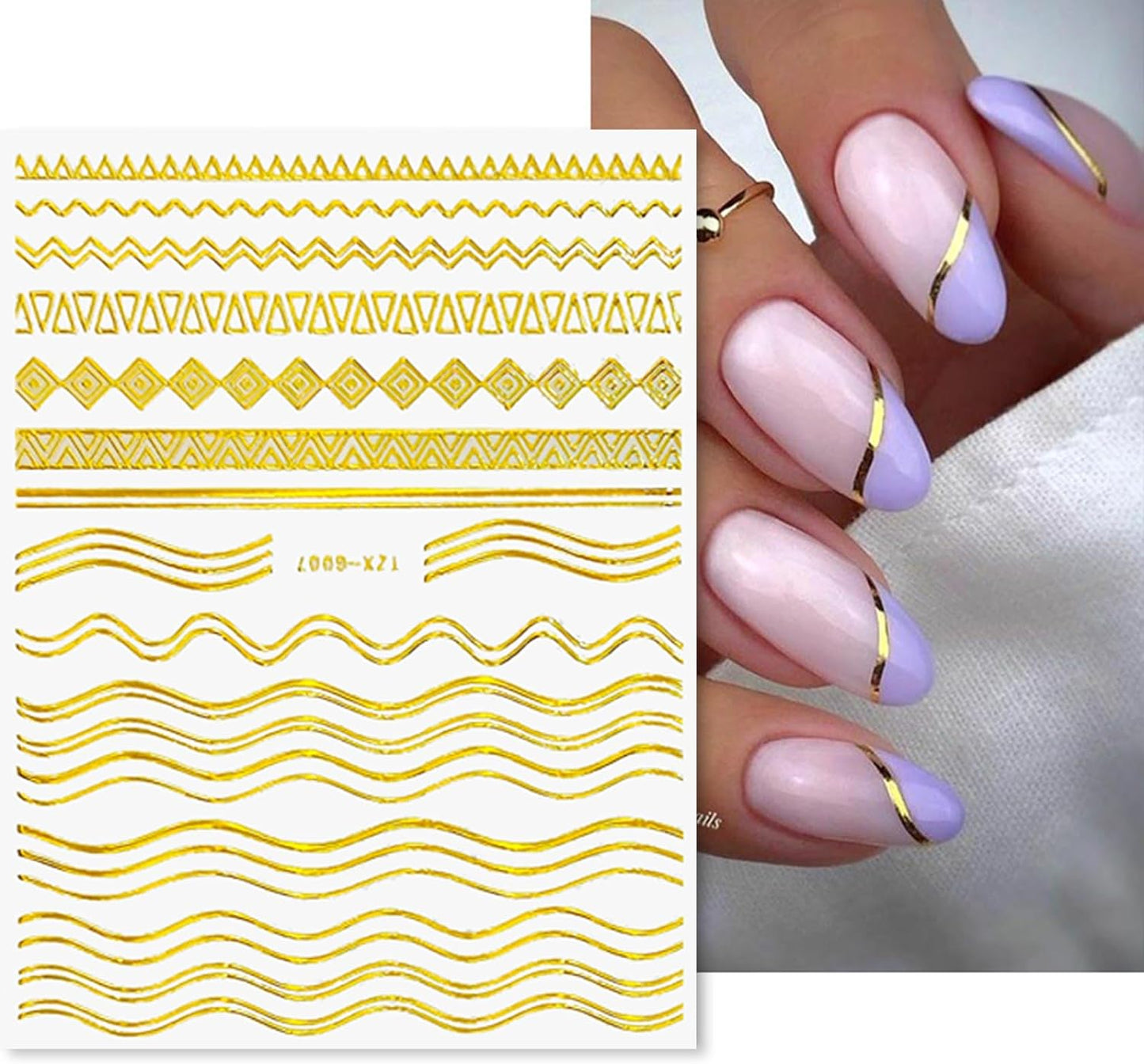 12 Sheets Gold Nail Stickers, 3D Self-Adhesive Metal Geometric Stripe Wave Nail Sticker, Gold Nail Art Designs, Style-c