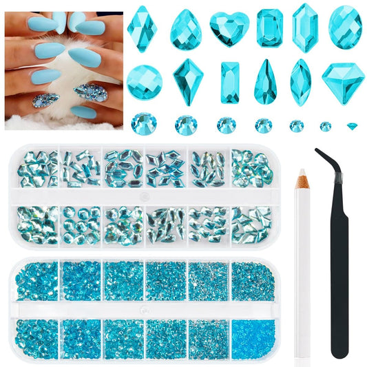 4080Pcs Aquamarine Nail Rhinestones Water Blue Stones for Nails Nail Charms K9 Glass Flatback Gems Lake Blue Round Diamonds jewels Crystals Charms Supplies for Nails Faces Eyes Makeup Crafts
