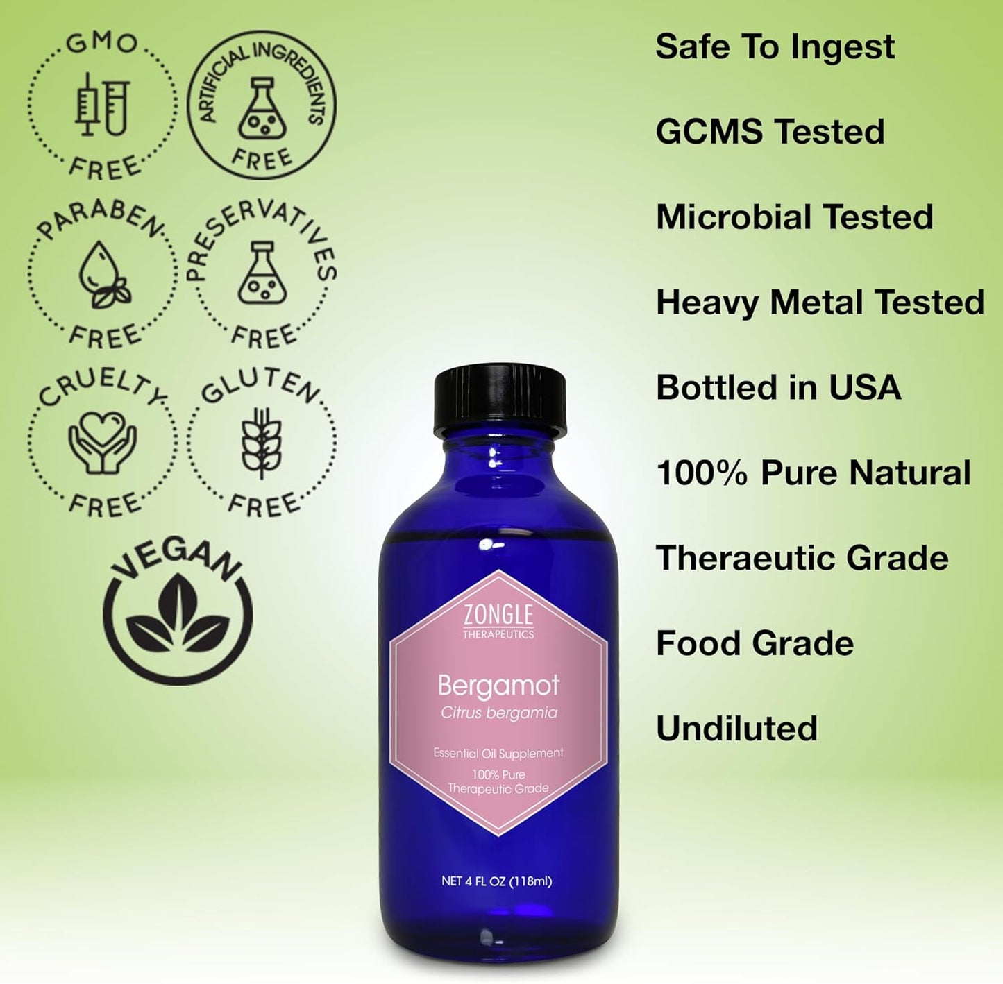 Bergamot Essential Oil, Food Grade, for Tea – 100% Pure, Bergamot Oil, by Zongle Therapeutics, 4 OZ