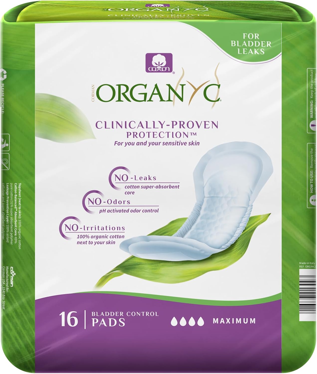 Organyc 100% Organic Cotton Inside and Out Incontinence Pads for Bladder Leaks, FSA/HSA Eligible, Maximum Flow, 16 Count
