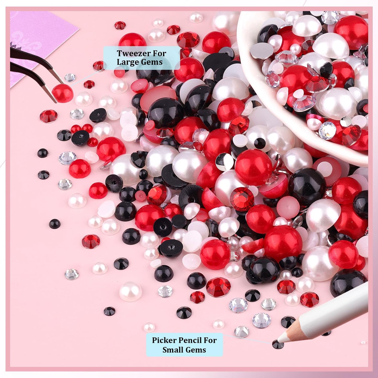 80g Flatback Pearls and Rhinestones for Crafting, Red White Black Mixed Size 3-10mm Resin Rhinestones and Half Pearls for Bedazzling, Nail Art and Decoration with Tweezer and Pickup Pencil