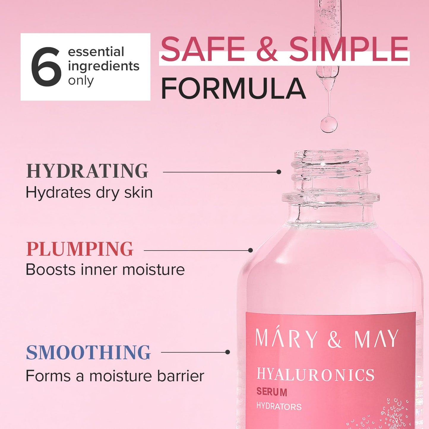 Mary&May Hyaluronics Serum with 6 Types of Hyaluronic Acid Complex for Deep Hydration and Moisture Retention - Fragrance Free, EWG Verified, Cruelty-Free for Dry Dehydrated Skin 2.71 fl.oz.