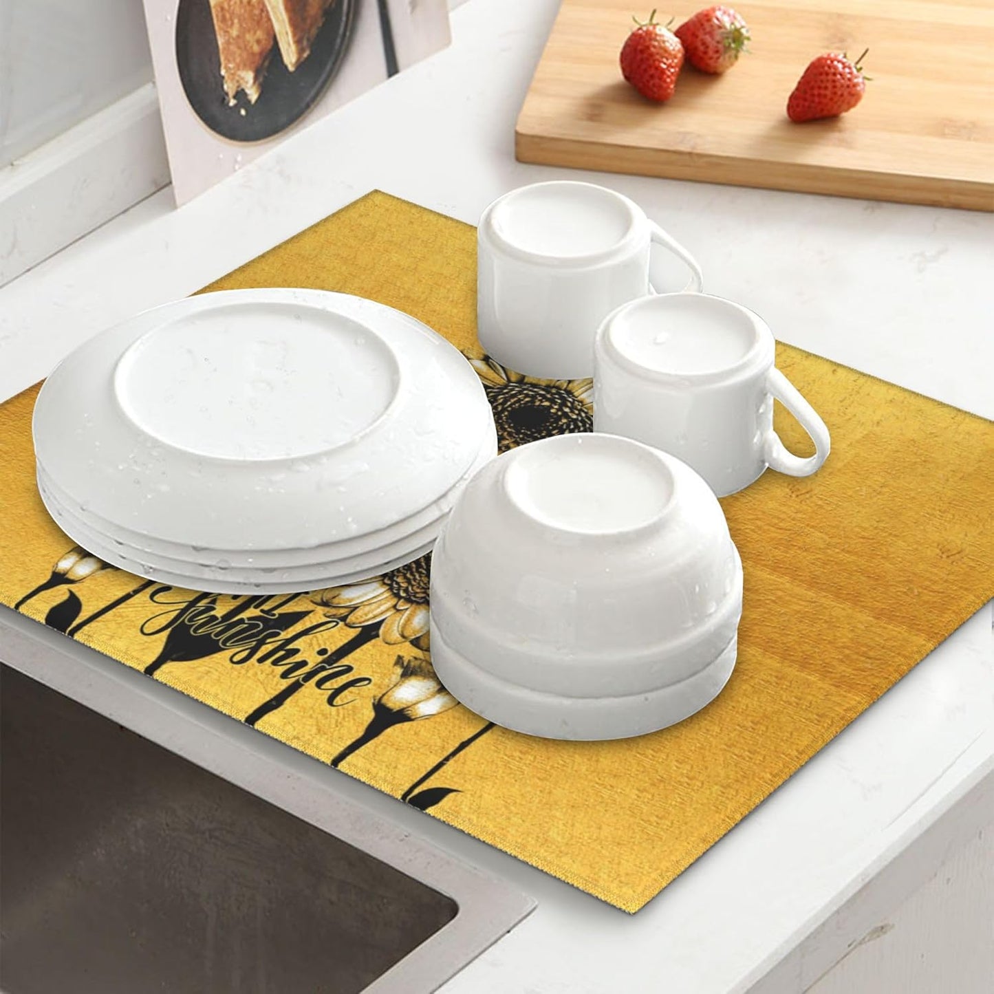 Sunflower Dish Drying Mat for Kitchen Counter Black Gold Washable Absorbent Reversible Microfiber Modern Drying Pad Kitchen Accessories 16x18 Inch