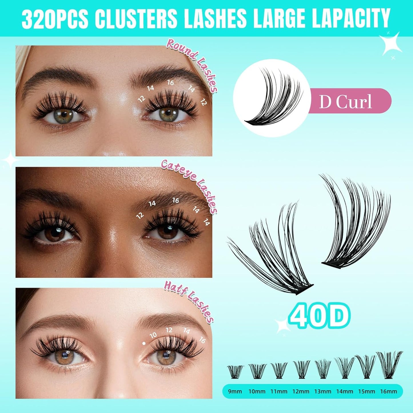 Lash Clusters Wispy 320PCS Eyelash Extension 40D Cluster Lashes Individual Lashes DIY Lash Extension Natural Look Cluster Eyelash Extensions Soft False Eyelashes at Home for Beginners(D-Mix9-16mm)