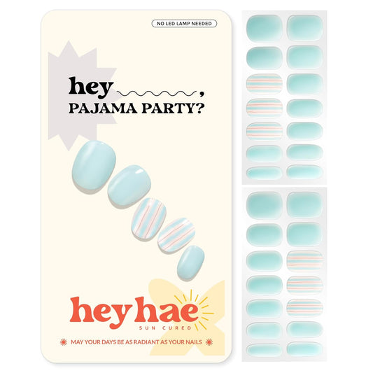 Semi Cured Gel Nail Strips | No LED Lamp Needed | Summer, Solid, Blue | Easy Apply & Remove, Salon Quality | Includes 28 Strips, 1 Prep Pads, Nail File & Wooden stick - Hey, Pajama Party?