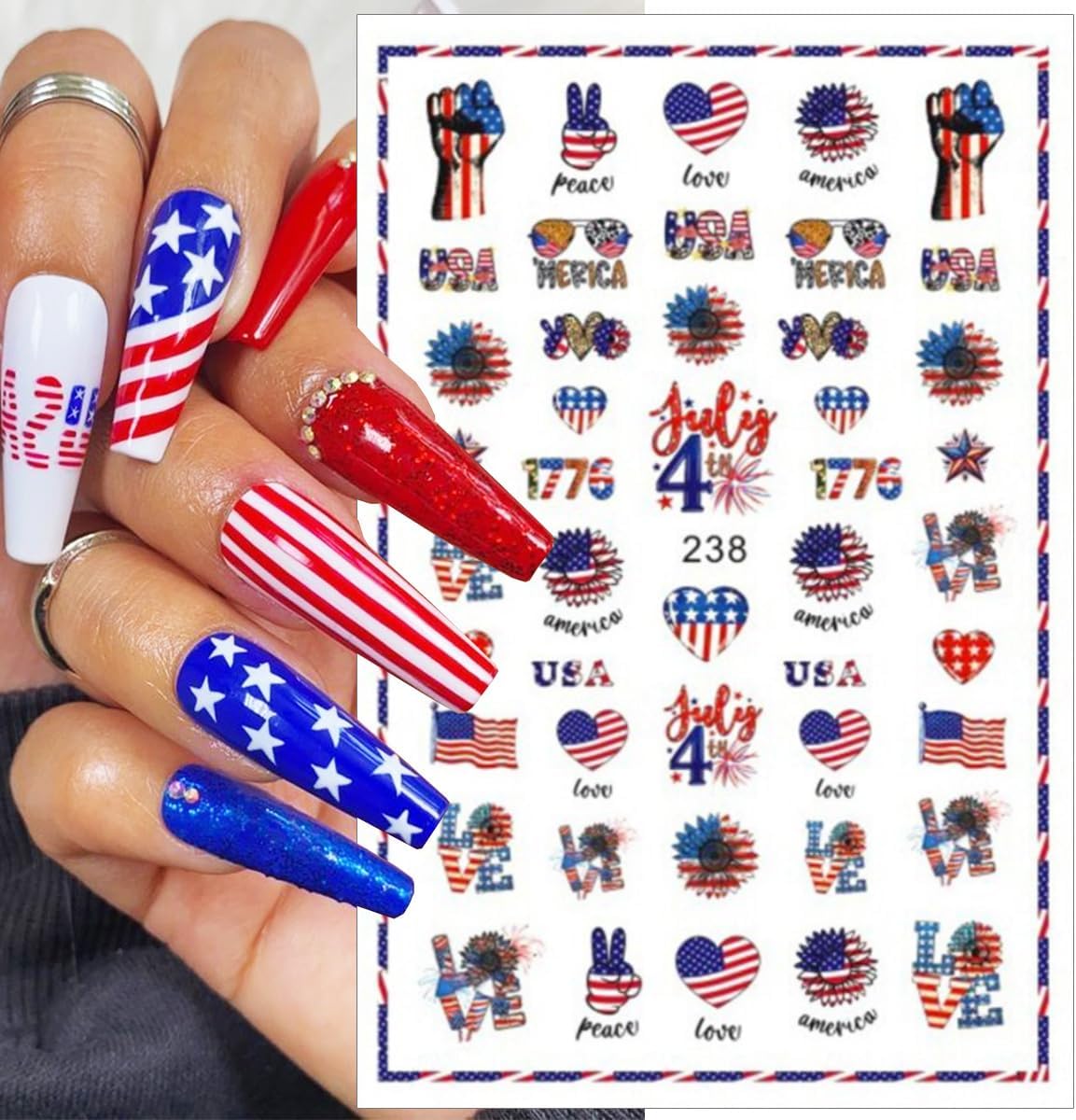 8 Sheets 4th of July Nail Art Stickers Independence Day Decals 3D Self-Adhesive Nail Design USA Flag Heart Letters Fireworks Star Nail Supplies Fireworks 4th of July Nails Stickers for Women Girls DIY