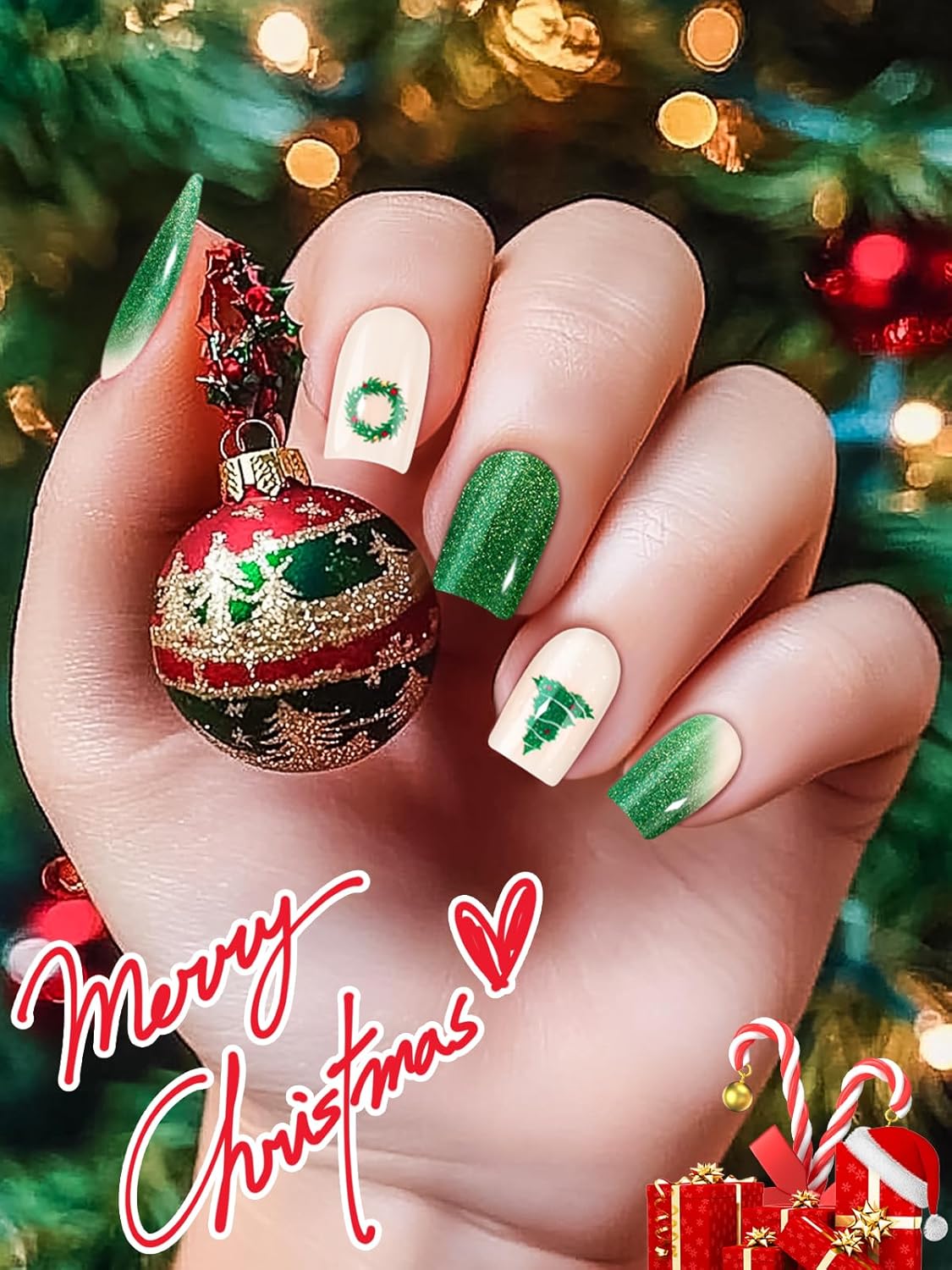 EBANKU 24PCS Christmas Semi-Cured Gel Nail Strips, Christmas Tree Christmas Wreath Adhesive Gel Nail Art Sticker, Waterproof Gel Nail Wrap Stickers with Nail File and Stick（UV/LED Lamp Required）