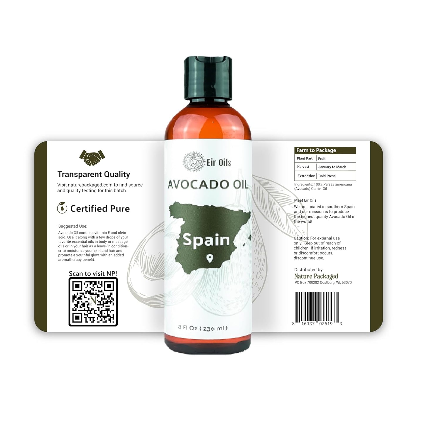 Avocado Oil - Direct from EIR Oils Farm in Spain - 100% Pure Carrier Oil for Hair, Face, and Skin - Hand-Picked, Cold-Pressed Carrier Oil - (1Gallon)