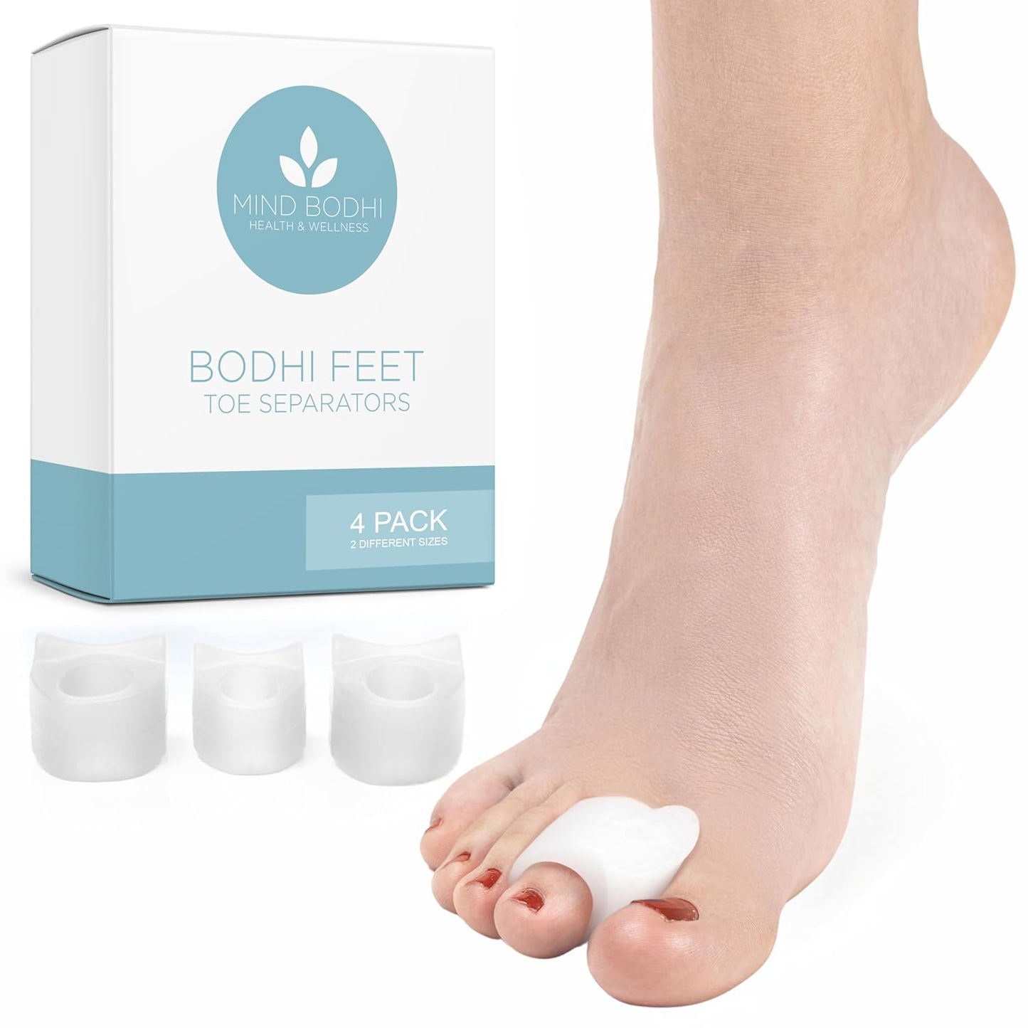 Mind Bodhi Single-Loop Toe Separators 4-Pack: Correcting Bunions and Restoring Toes to Their Original Shape - For Men and Women - Toe Spacers Bunion Corrector - White