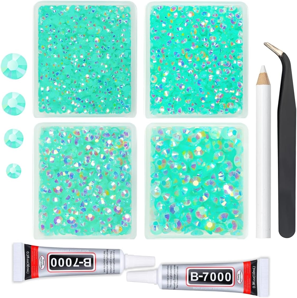 Aquamarine Green AB Resin Rhinestones w B7000 Jewelry Glue for Bedazzling Crafting 3mm-6mm Flatback Jelly Stones Bulk Diamonds for Nails Face Makeup Tumblers Bottles Crafts Clothes Shoes Phones