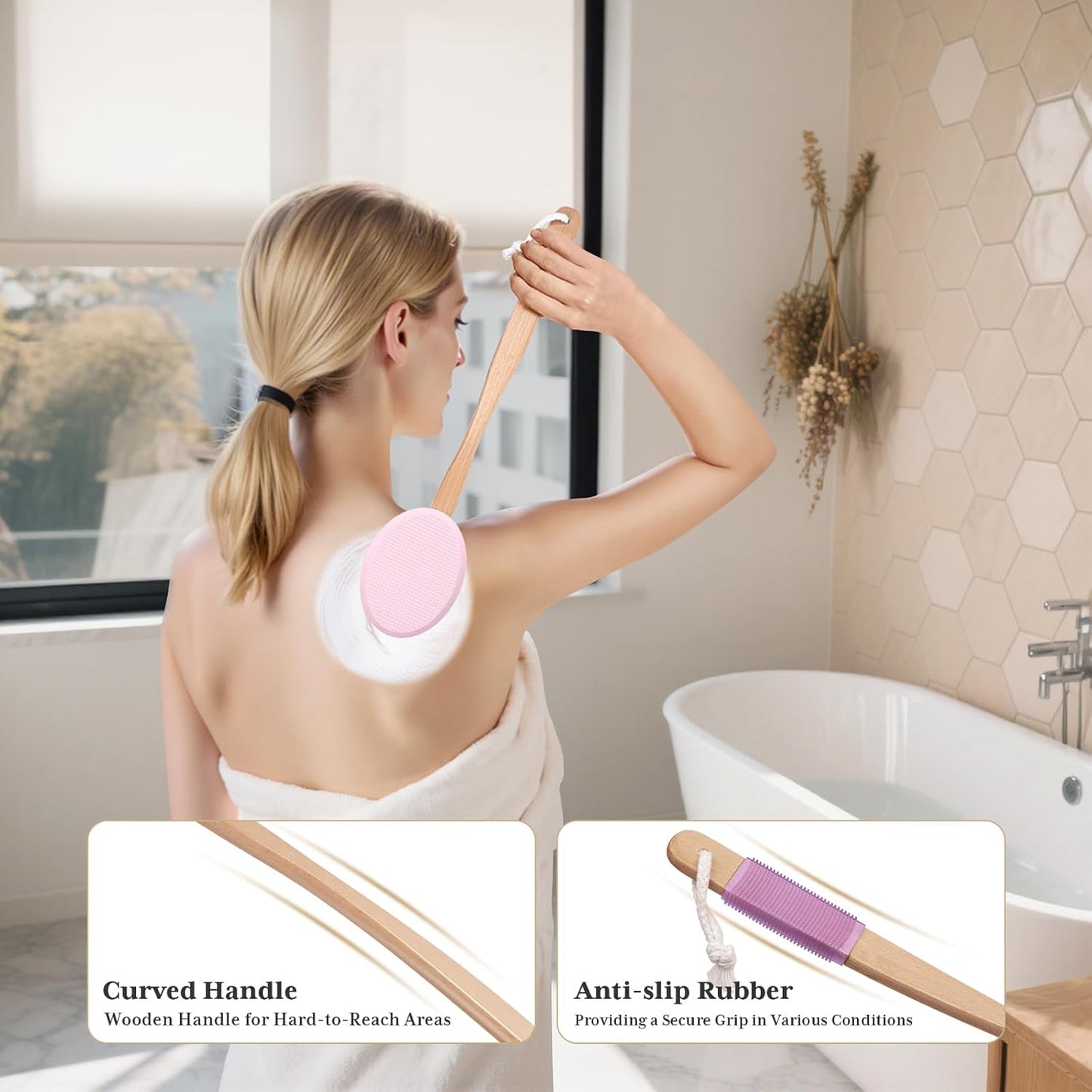 AmazerBath Lotion Applicator for Back, Feet, 4 Replaceable Pads with Long Handle, Back Sunscreen Applicator for Elderly, Women, Apply Cream Medicine Skin Cream Moisturizer Sunscreen Tanner, Pink