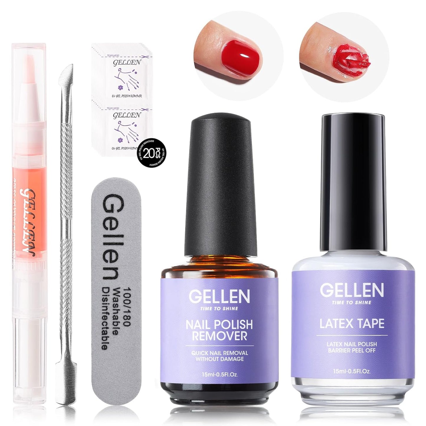 Gellen Gel Polish Remover Kit - Gel Nail Polish Remover with Latex Tape Peel Off Liquid and Manicure Tools, Quick & Easy Gel Polish Remover in 2-5 minutes, No Damage to Nails