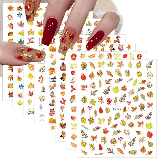 8 Sheets Fall Nail Art Stickers 3D Self-Adhesive Maple Leaf Fox and Apple Design Nail Sticker Thanksgiving Nail Decals Autumn Acrylic Nail Art Decoration Fall Nail Art Decoration for DIY French Nail