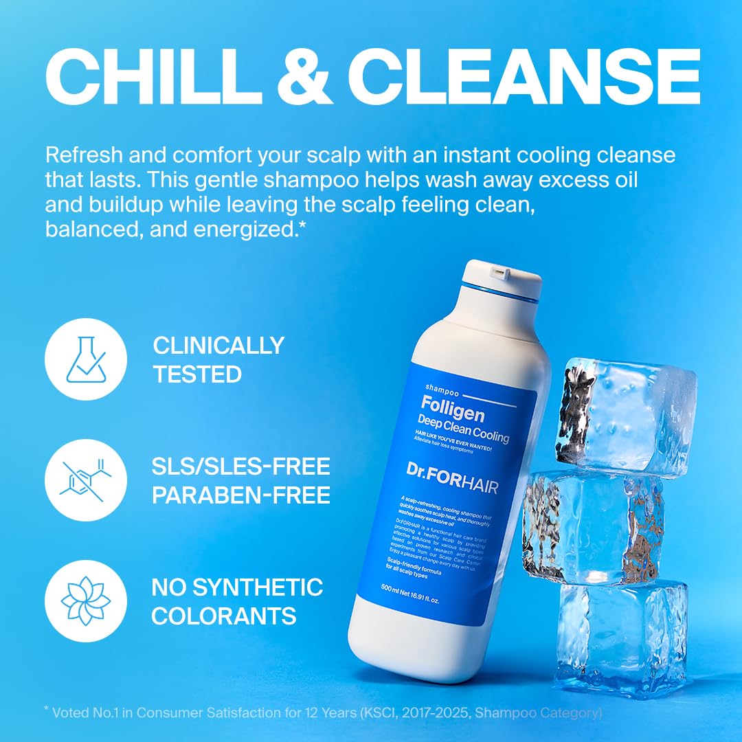 Dr.FORHAIR Folligen Deep Clean Cooling Shampoo | Korean Hair Care | Clarifying & Cooling Scalp Shampoo, Anti Dandruff | For Hair Thickening & Fuller Looking, 16.91 fl oz
