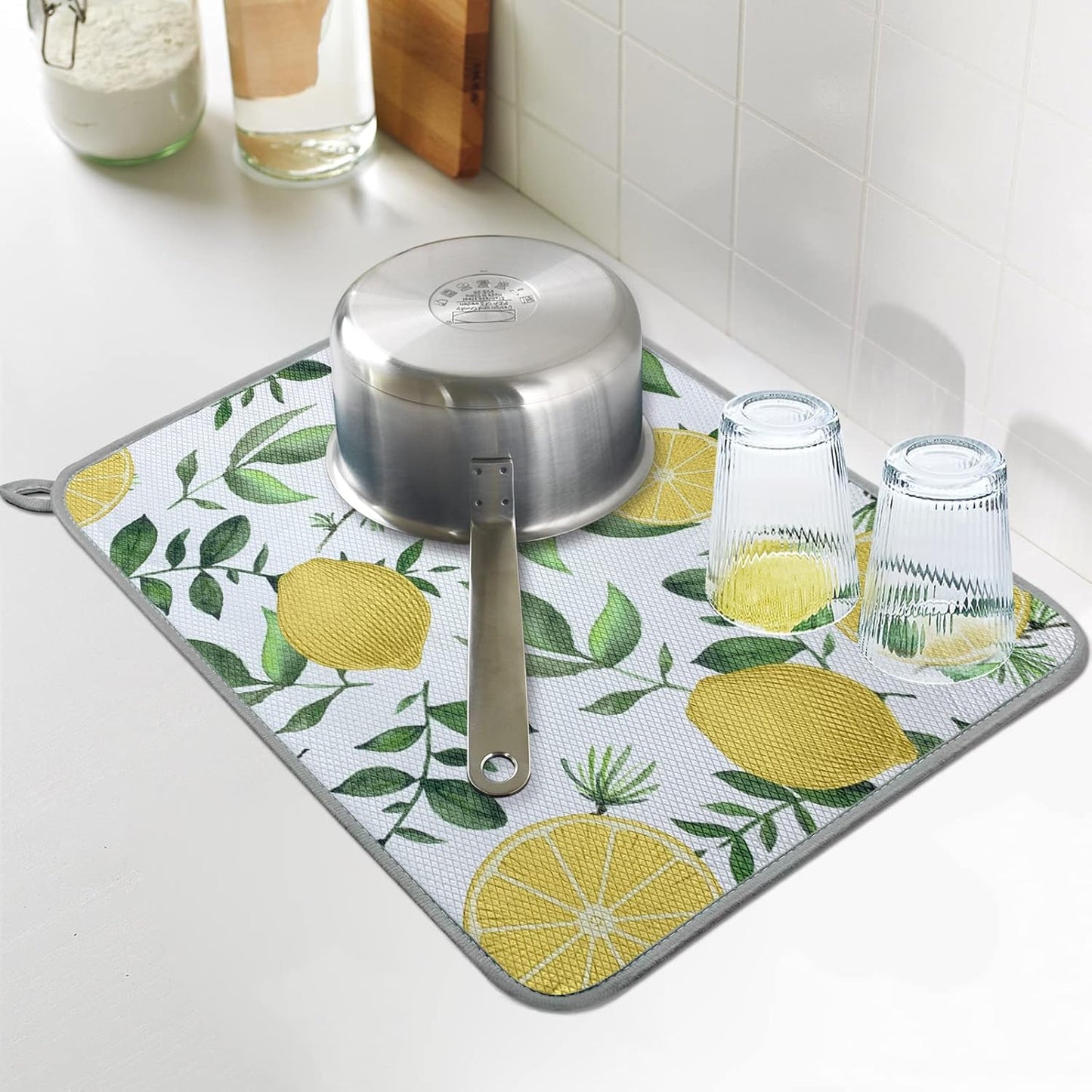 SHIYUE Dish Drying Mat for Kitchen Counter Super Absorbent Spring Kitchen Decor Microfiber Drying Matainers Rack Fast Pad Dish Drainer Mats(Yellow Lemon Green Leaves,16''x18'')