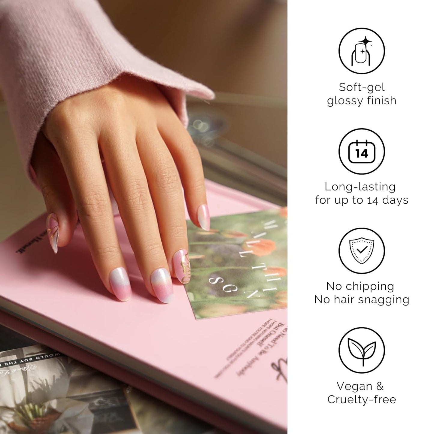 Semi Cured Gel Nail Strips - NAILOG 34 Pcs Rainbow Butterfly Gel Nail Stickers Pink Extra Long Nail Wraps with Glossy Gel Finishing for Spring Summer, Flying Wings