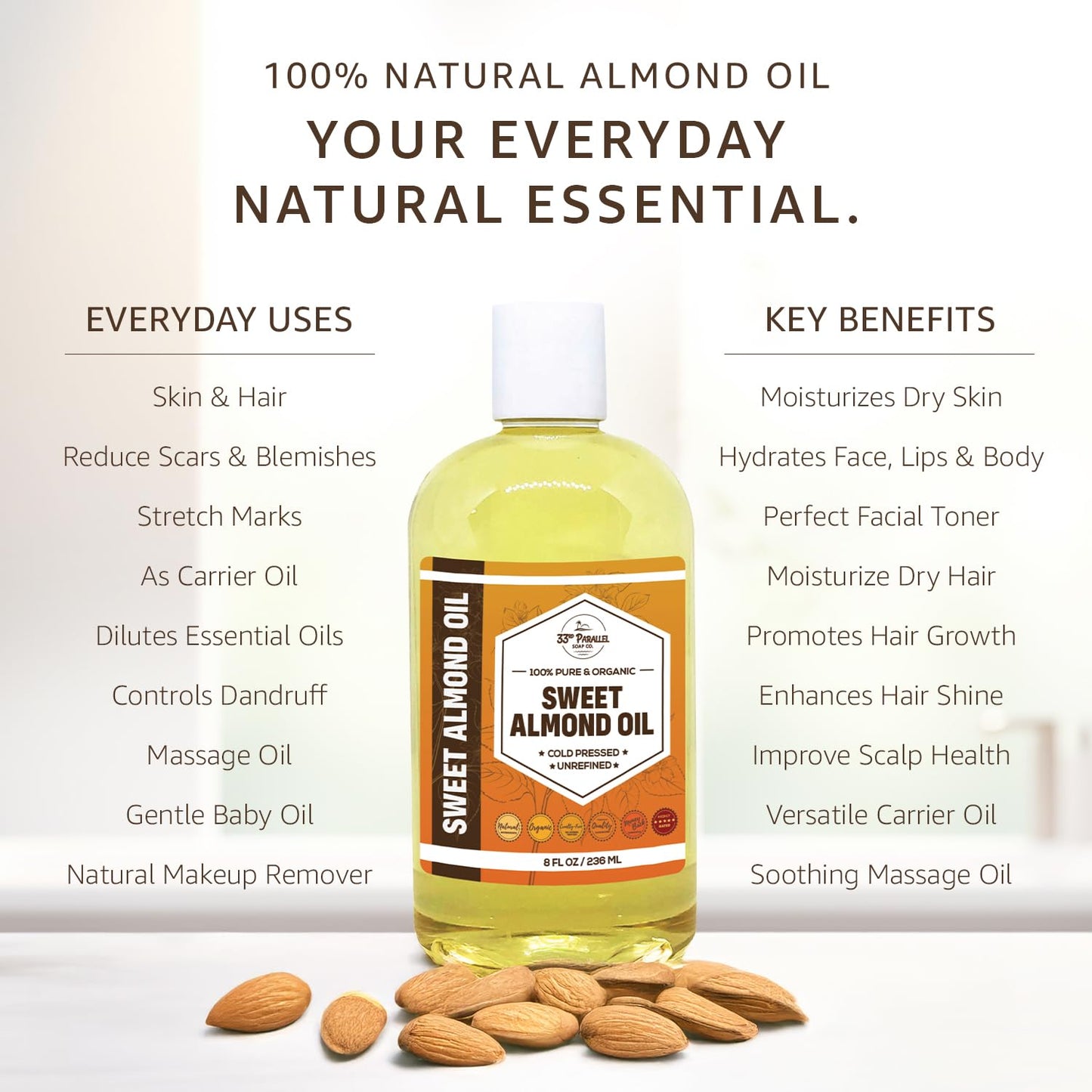 ORGANIC SWEET ALMOND OIL (16 oz) Premium Cold Pressed Unrefined | 100% Pure Sweet Almond Oil for Skin, Face, Hair, Soap Making | Carrier for Essential Oils | Available in Bulk | 16 FL OZ