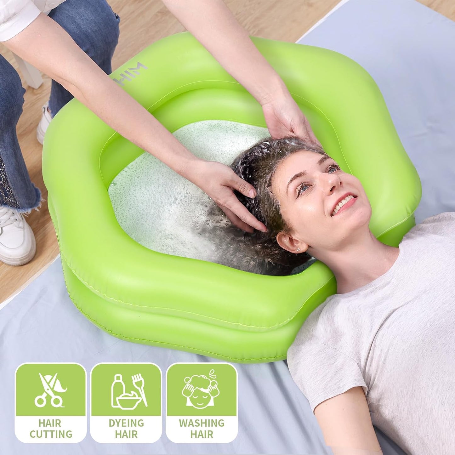 Inflatable Shampoo Basin for Bedridden, Elderly & Disabled - Petal-Shape Large Size, 360° Neck Support, Central Drain Hole with Pull Ring | Leak-Proof PVC Portable Hair Washing Bowl (Green)