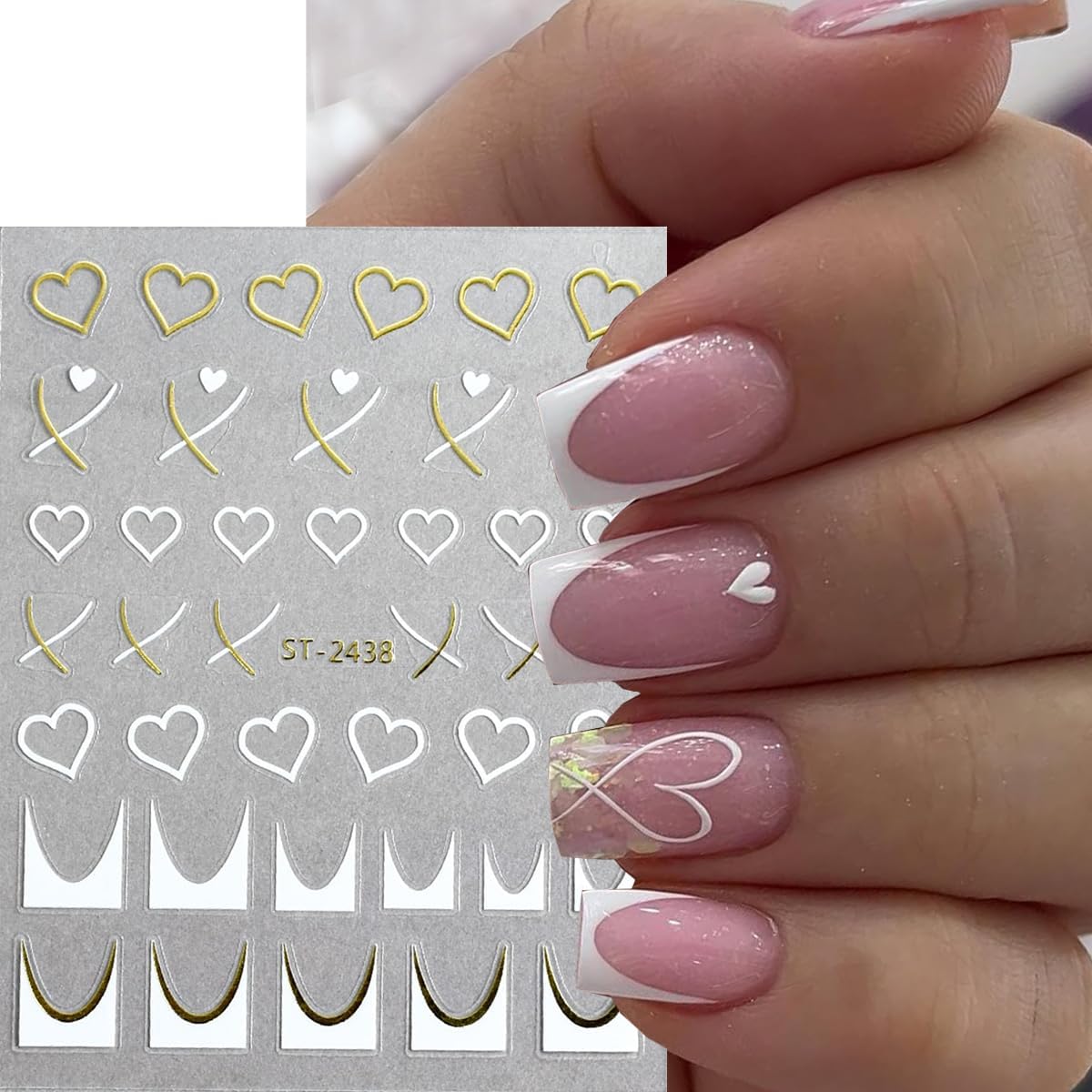 6Sheets Heart Nail Stickers French Tips Nail Art Stickers Letter Nail Decals Gold Black Bronzing Hollow Design 3D Self Adhesive Nail Sticker for Nail Art Decoration Salon Manicure Supplies for Women