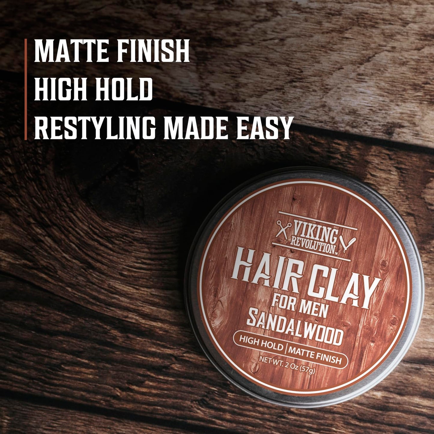 Viking Revolution Sandalwood Hair Clay – Strong Hold & Matte Finish, Texturizing Hair Clay for Men – Beeswax, Jojoba Wax & Vitamin E – Effortless Styling with Sandalwood Scent (2 pack, 2oz each)