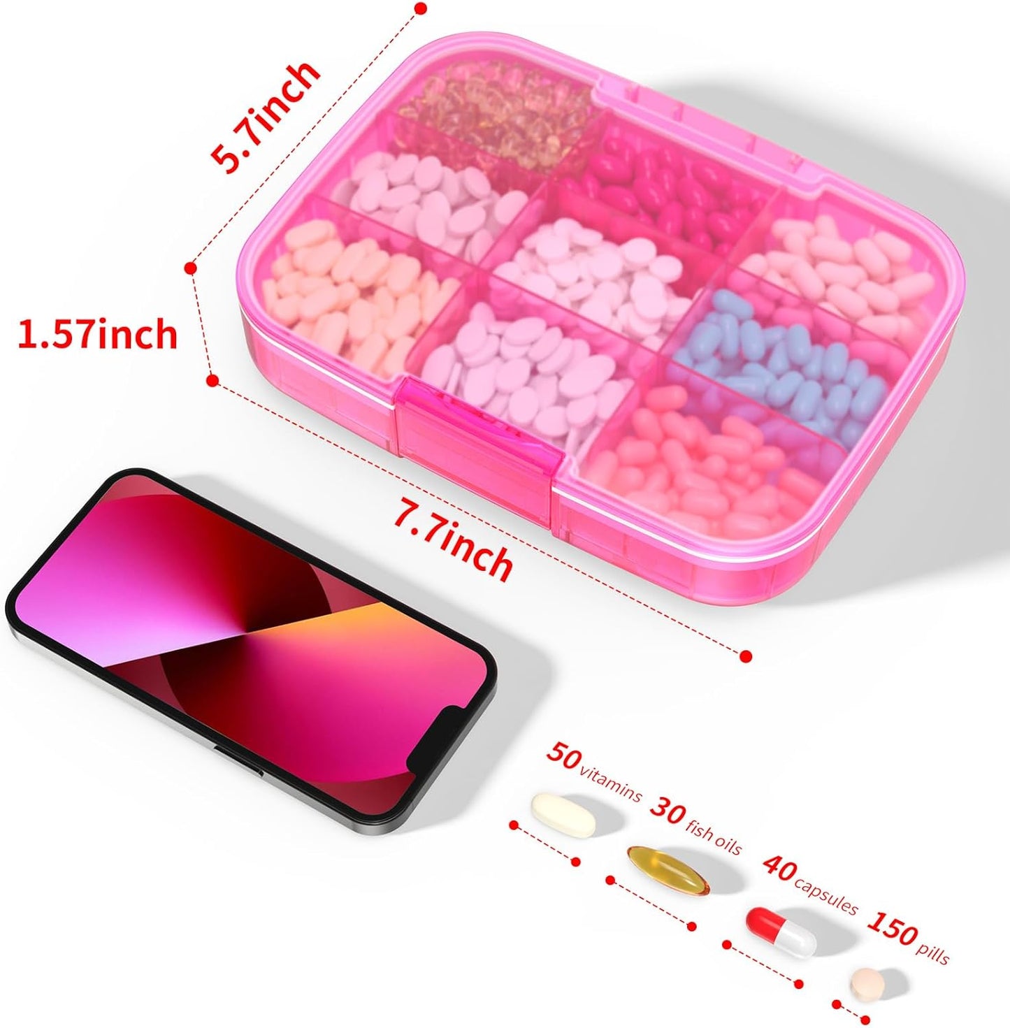 Restree Large Pill Organizer, Moisture Proof & Waterproof Travel Pill Case, Portable Medication Box with Adjustable Dividers for Vitamins Supplements Fish Oil and Daily Pills 9 Compartments (Pink)