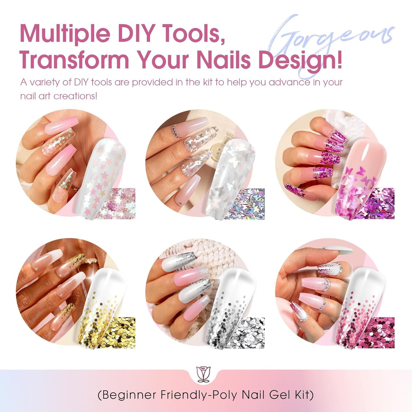 ROSALIND 20PCS Poly Nail Gel Kit -White Clear Poly Nails Gel Kit Starter Kit - Slip Solution Pro Nude Pink Nail Extensions Gel Set With UV Lamp Drill Nail Art Builder Kit