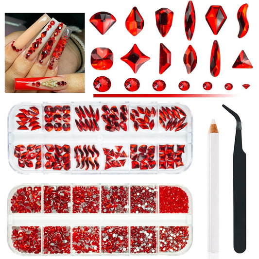 4080Pcs Red Nail Rhinestones Multi Shapes Ruby Rhinestones for Nails 1.5-4mm Crystal Gems Siam Red Round Flatback Beads Glass Stones Diamonds jewels Charms for Nails Face Eyes Makeup DIY Crafts