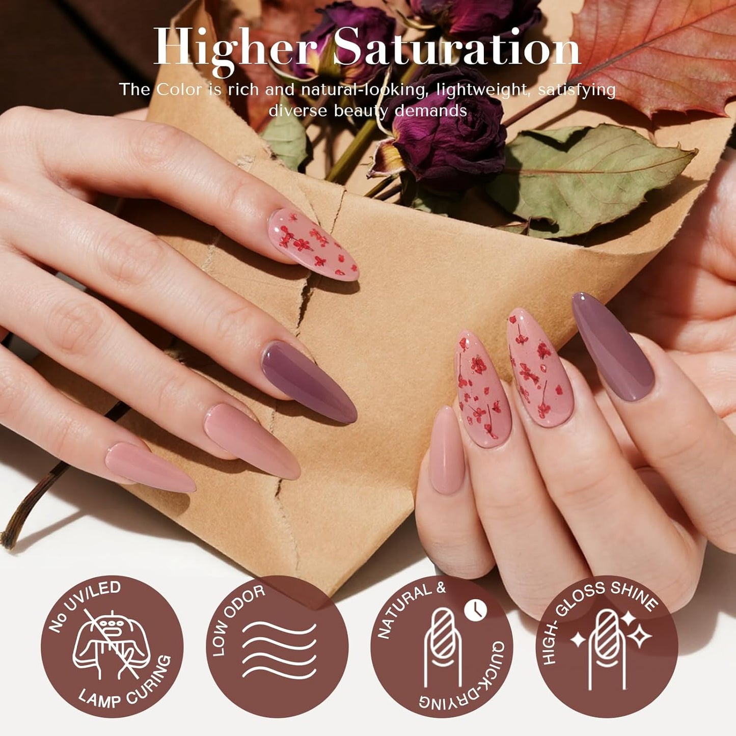 AZUREBEAUTY Dip Powder Nail Kit, 4 Colors Nude Brown with Dried Flower Set, Fall Winter Natural Dipping Powder Starter Liquid Set Recycling Tray with Base & Top Coat Activator ﻿