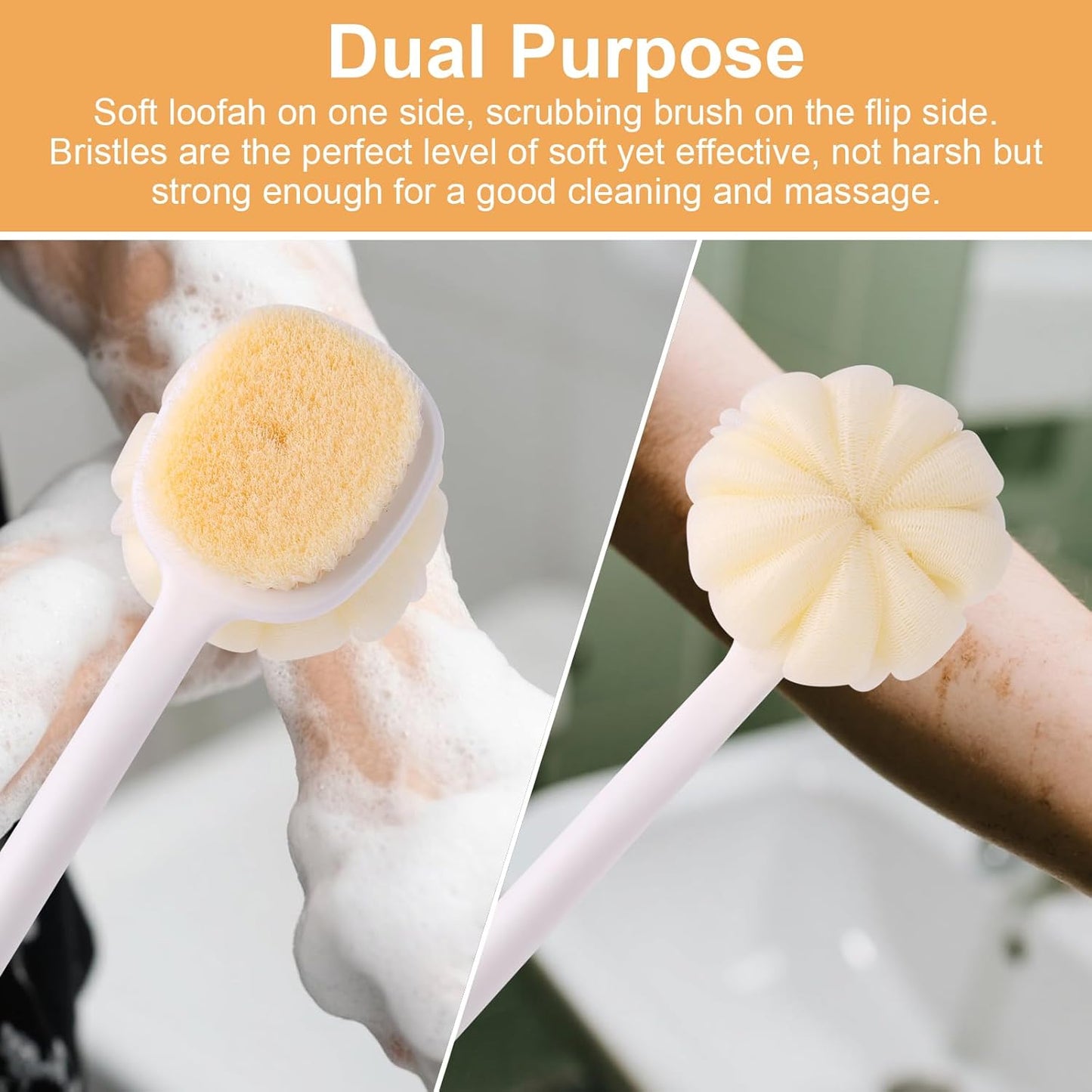 Long Handled Shower Brush for Cleaning Body,Double-Sided Bath Brush for Massage with Bristles and Loofah,Body Brush Exfoliator Mesh Sponge for Women and Men(Gray)