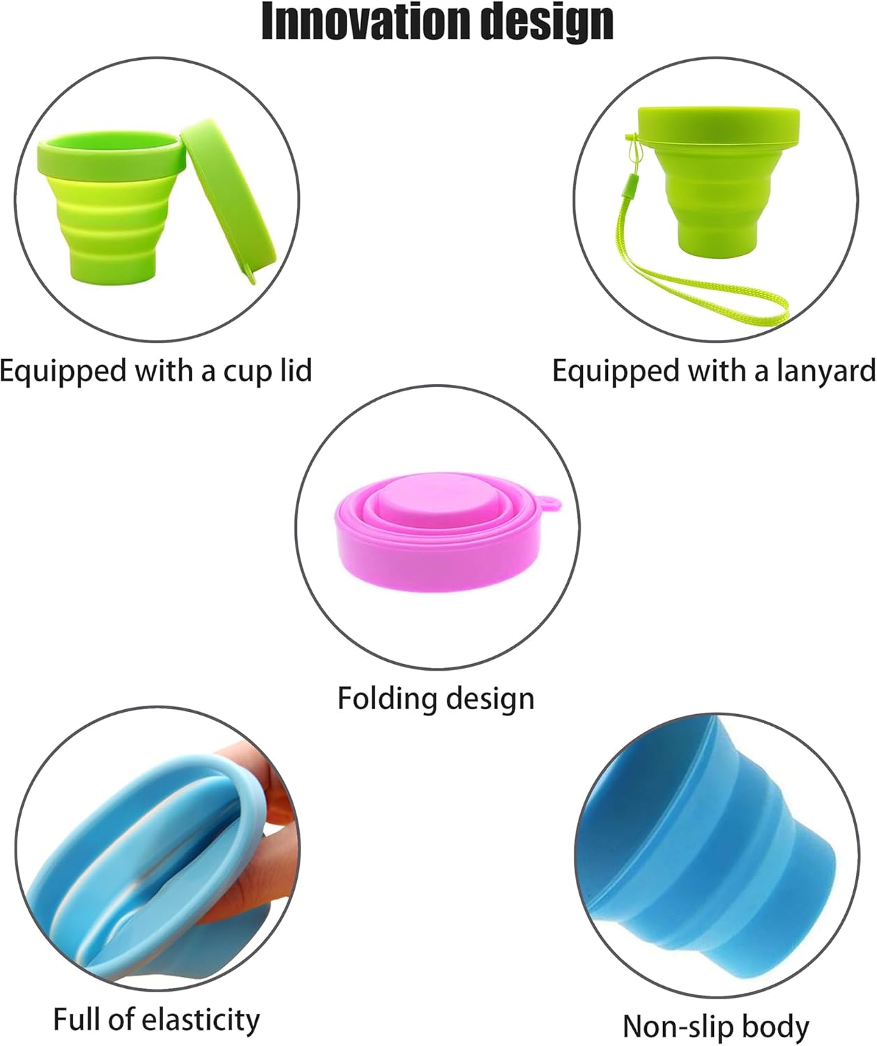 Silicone Collapsible Water Cup,Outdoor Folding Reusable Mug with Lid Lanyard,Camping Travel Hiking Expandable Drinking Jug,Portable BPA Free Food Grade Container,170ml/6oz(3pcs)
