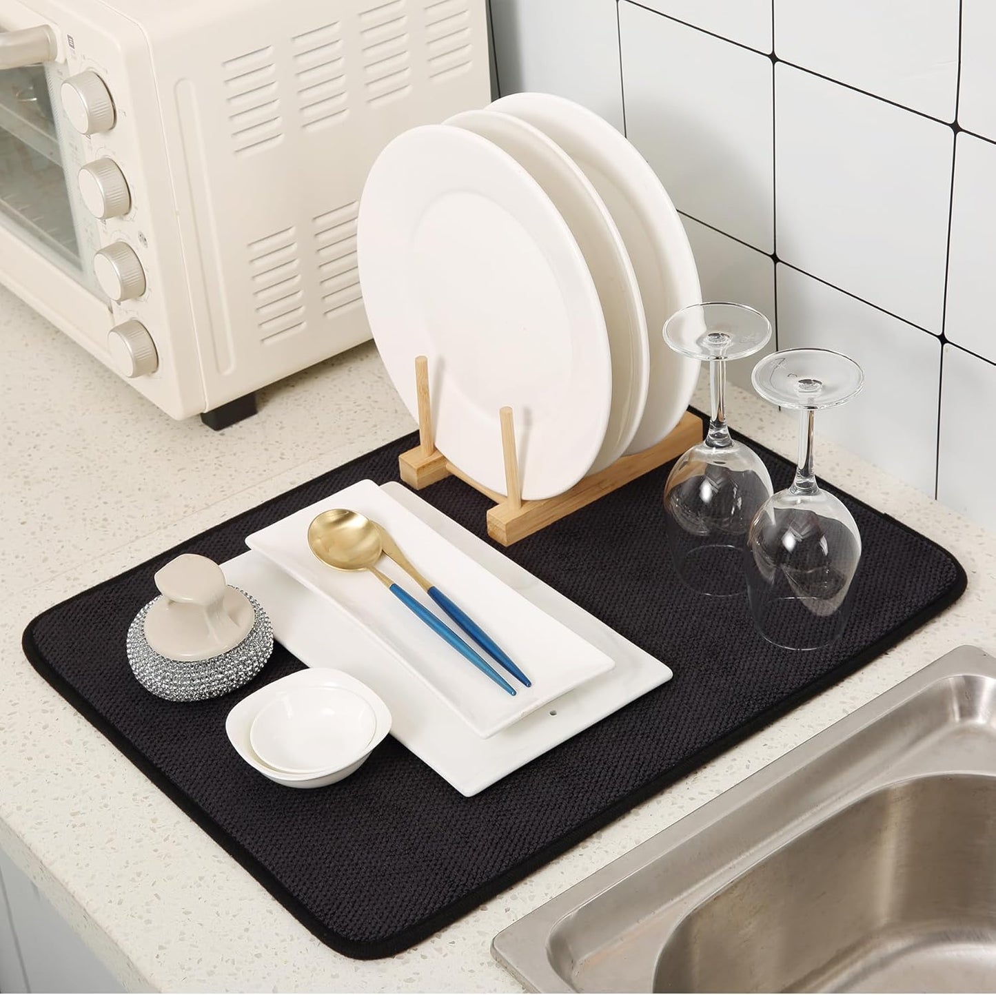 2 Pack Microfiber Dish Drying Mat for Kitchen Counter,Ultra Absorbent Dish Drainer Mat ,Dish Drying Pad , Dish Rack Mat 20×15 Inch (Black)