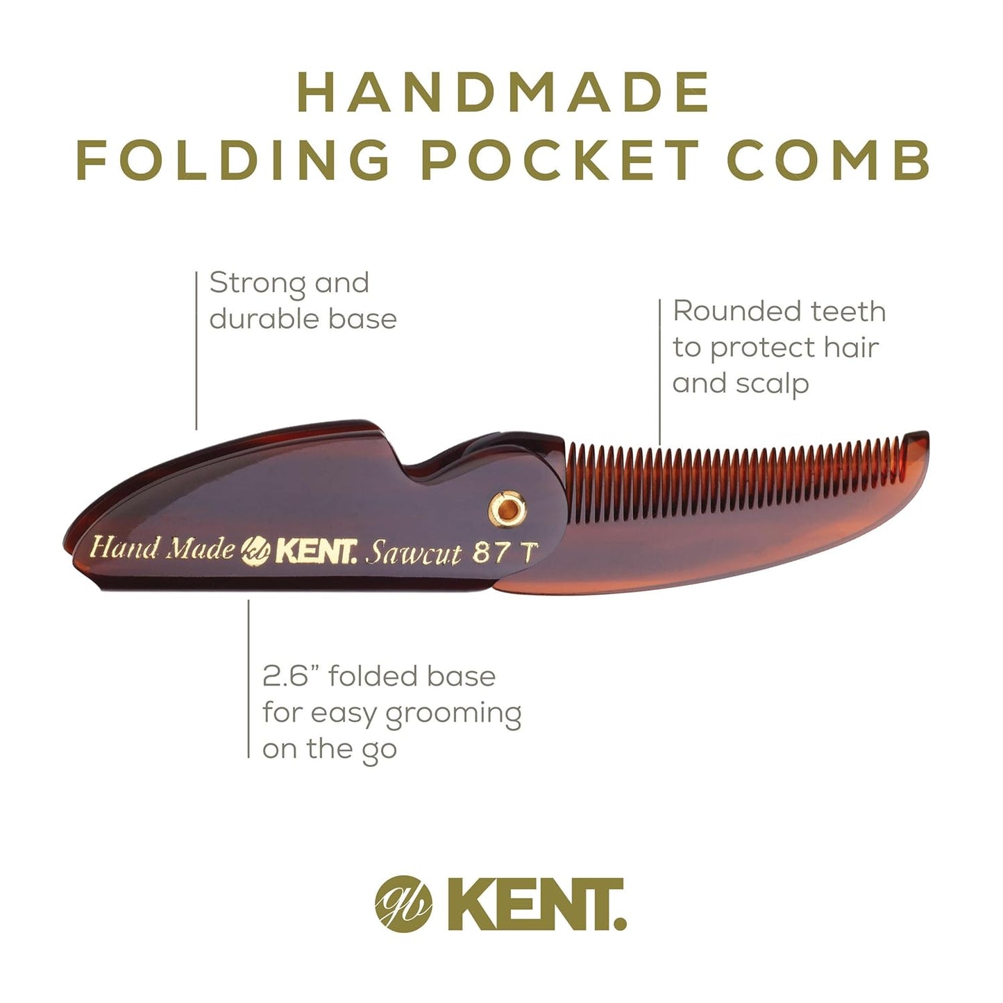 Kent 87T Handmade Folding Pocket Comb for Men, Fine Tooth Hair Comb Straightener for Everyday Grooming Styling Hair, Beard or Mustache, Use Dry or with Balms, Saw Cut Hand Polished, Made in England