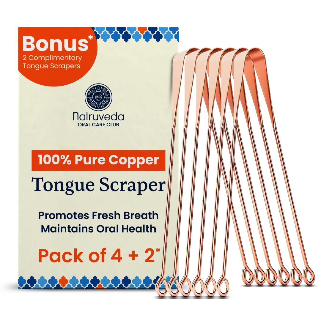 100% Pure Copper Tongue Scraper – Limpiador de Lengua Raspador for Adults & Kids | Metal Tongue Cleaner for Fresh Breath | Reusable Ayurvedic Tongue Scraper | Tongue Cleaning Tool (6 Pack, USA Seller)